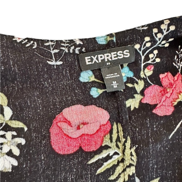 EXPRESS BLACK FLORAL CRINKLE GAUZE CINCH DRAWSTRING OPEN FRONT KIMONO TOP M - Picture 11 of 17